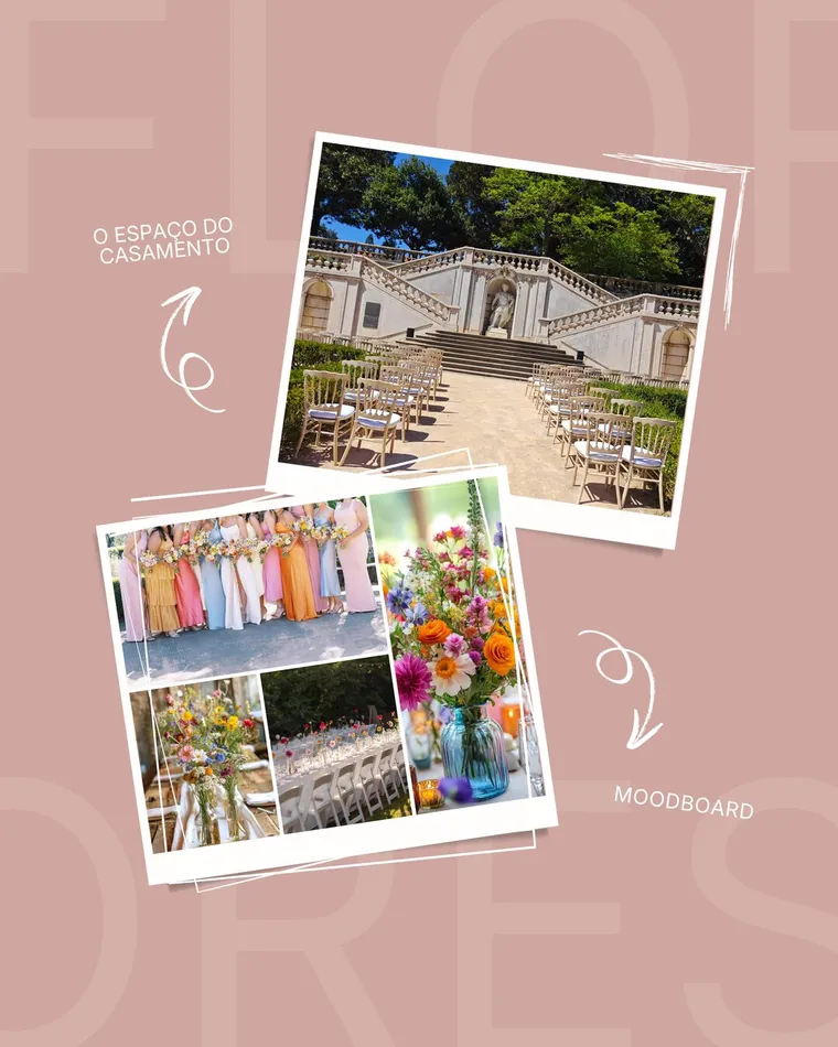 O espaço do casamento — uma escadaria de jardim com cadeiras para a cerimónia — e o moodboard de inspiração.