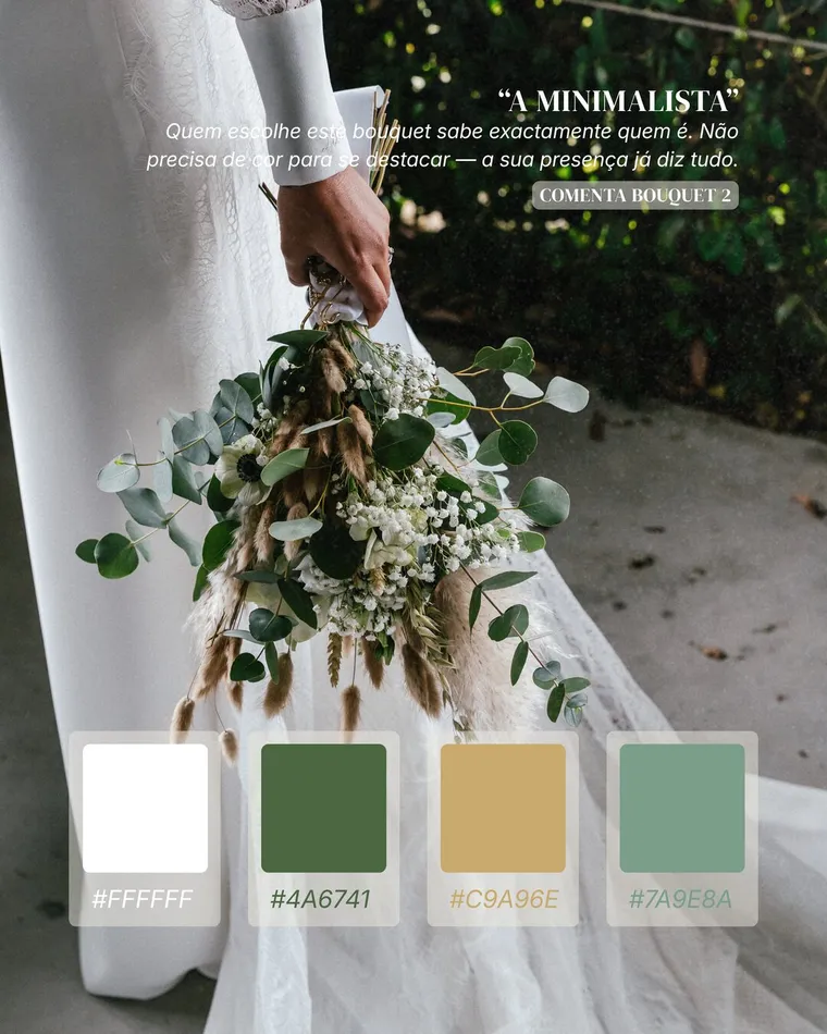 Bouquet «A Minimalista»: eucalipto, gipsófila e espigas secas, ao lado da paleta de cores.