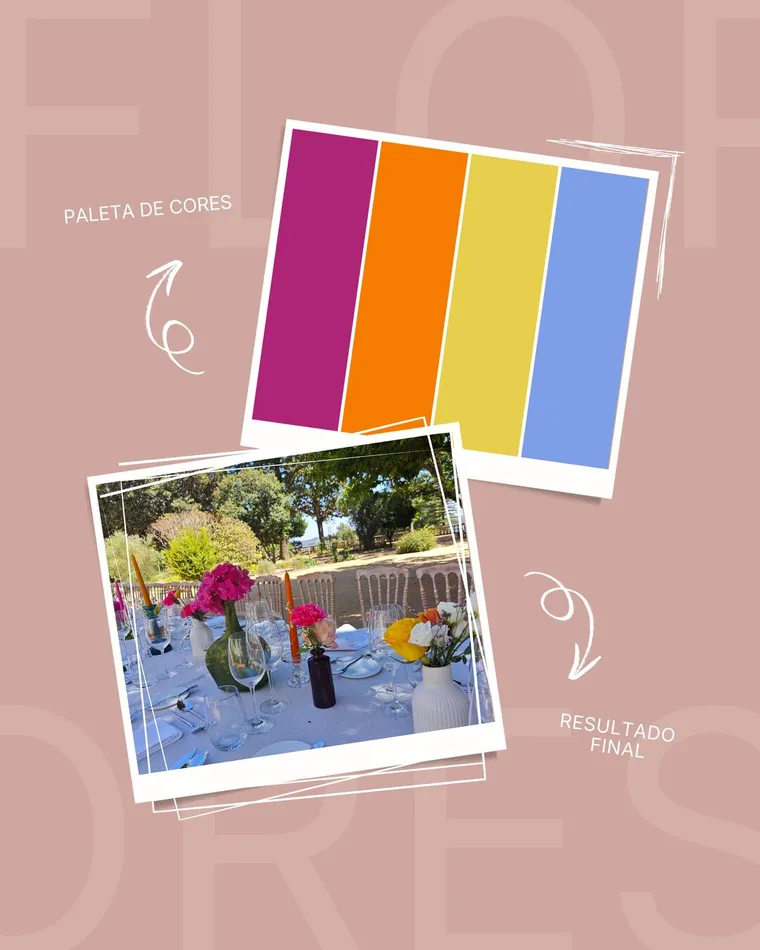 A paleta de cores escolhida (magenta, laranja, amarelo e azul) e o resultado final: a mesa posta ao ar livre nessas cores.