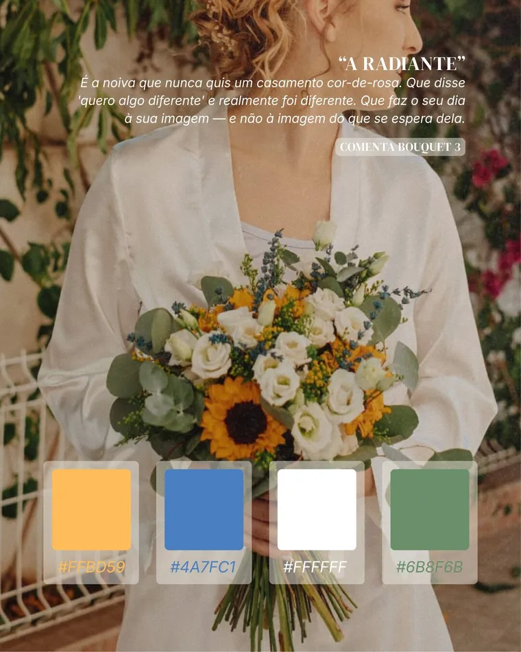 Bouquet «A Radiante»: girassóis, rosas brancas e apontamentos azuis, ao lado da paleta de cores.