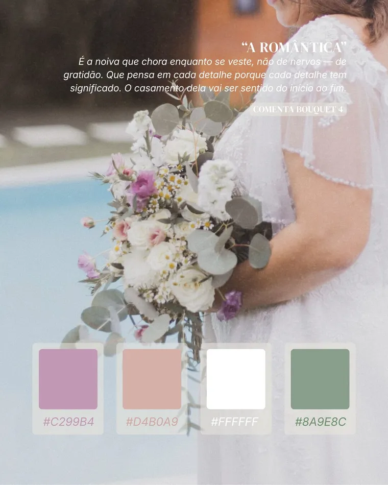 Bouquet «A Romântica»: rosas brancas, flores lilás e camomila, ao lado da paleta de cores.